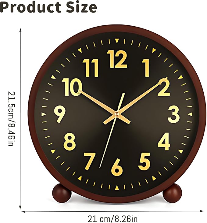 Maxspace Wooden Table Clock,8in Silent Non-Ticking Desk Clock,Battery Operated Desktop Analog Clock for Living Room Office Bedroom Decor (Black Gold - Walnut, Wooden Ball Base)