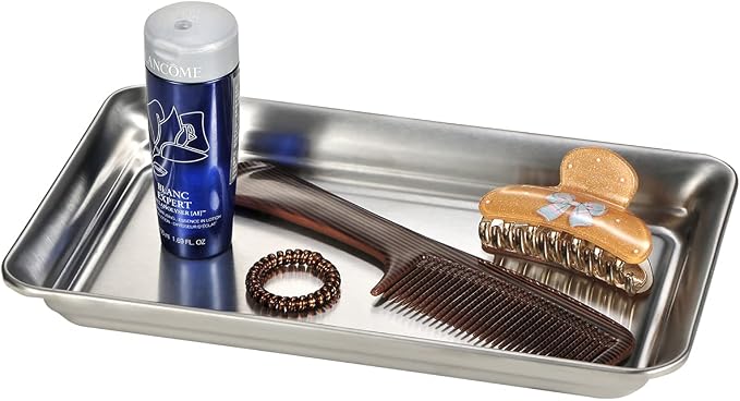 Vintage Farmhouse Decor Metal Vanity Tray, Countertop Guest Hand Towel Storage Organizer Tray Dispenser, Sturdy Holder for Perfume, Cosmetics, Jewelry, Makeup Bathroom Organizer - Stainless Steel