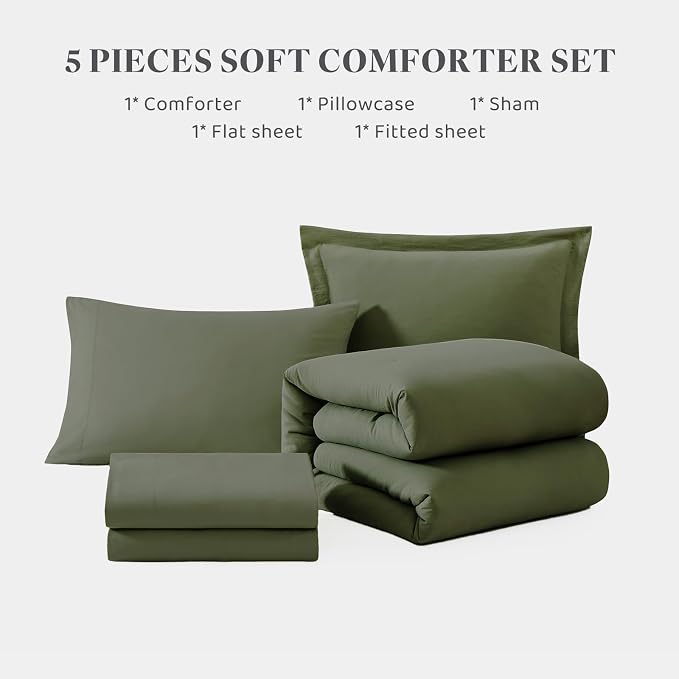 WRENSONGE Twin XL Comforter Set- 5 Pieces Olive Green Twin XL Bedding Sets with 1 Fitted Sheet, 1 Flat Sheet, 1 Pillow Sham and 1 Pillowcase