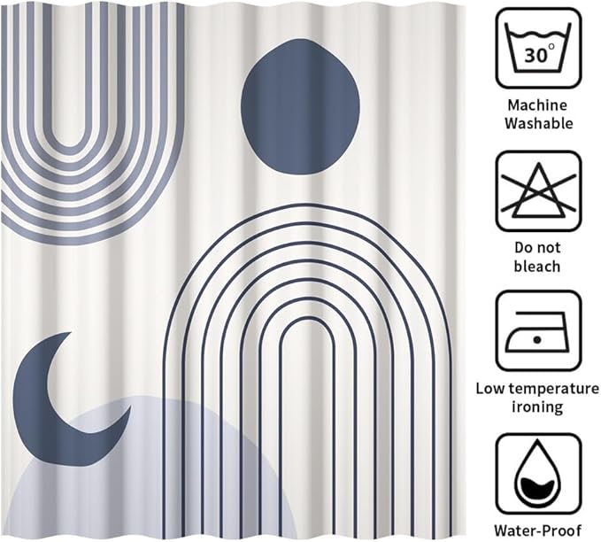 Boho Shower Curtain for Bathroom Modern Minimalist Neutral Bathroom Decor Set Blue Stripes Abstract Sun Moon Chic Aesthetic Bathtub Curtains Washable Waterproof Polyester Fabric with Hooks 54x72 Inch
