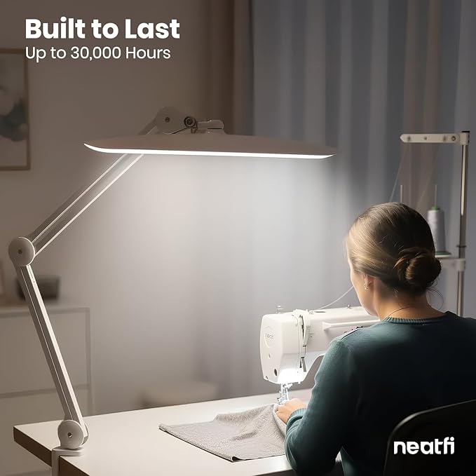 Neatfi XL Nail Desk Lamp with Clamp, 2200 Lumens, 20-Inch Wide Head, Dimmable 4 Levels, 3 Color Modes 3000K–6000K, LED Task Light for Manicure Table, Crafts, Workbench, Office (CCT, White)