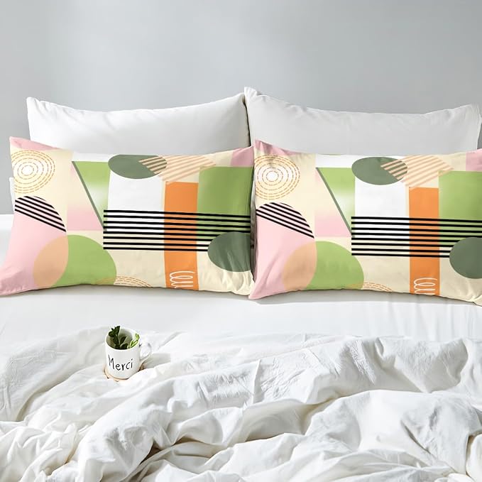 Erosebridal Pink Abstract Duvet Cover King Size for Kids Teens Girls | Colorful Geometric Comforter Cover Minimalist Circle Modern Bedding Set Boho Contemporary Aesthetic Bed Set
