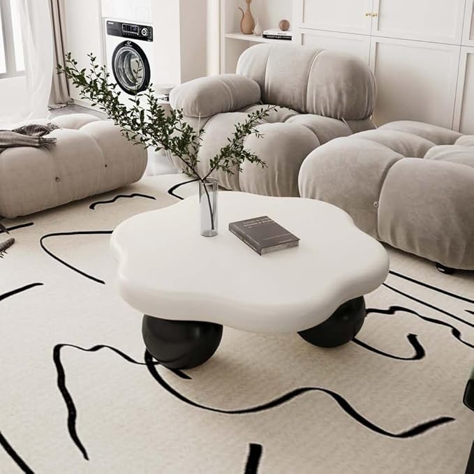 35" Modern Coffee Table Petal Shape Low Center Table Cute Irregular Indoor Tea Table with 3 Ball Legs for Living Room Apartment