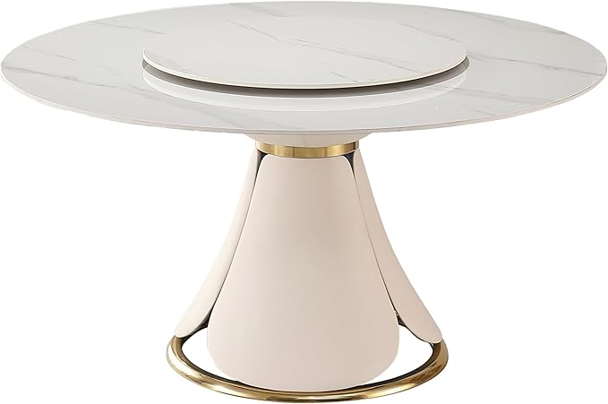 Round Marble Dining Table Set for 6-8, Kitchen Table, Dining Room Table Set Petal Pu Leather & Metal Base (59'' Table)