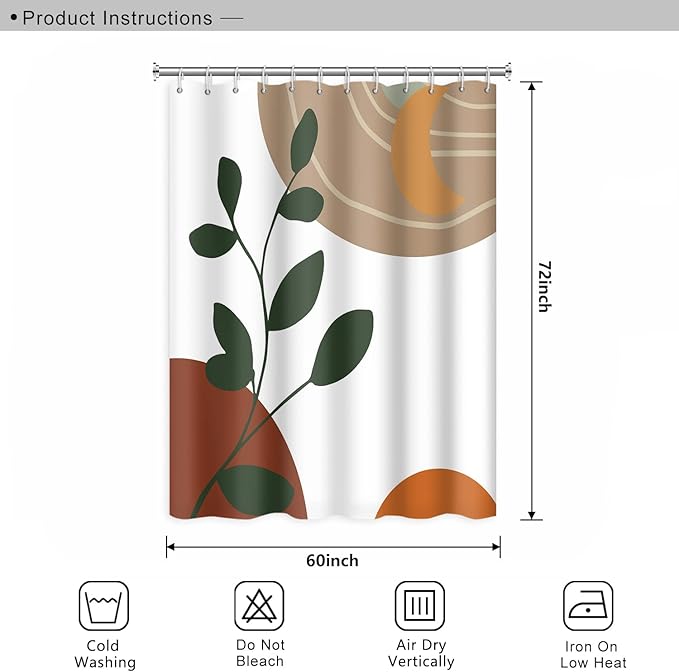 Abstract Boho Shower Curtain for Bathroom Moon Eucalyptus Leaves Waterproof Polyester Shower Curtains Modern Minimalist Artistic Aesthetic Shower Curtain with Hooks Decorative, 60x72 Inch