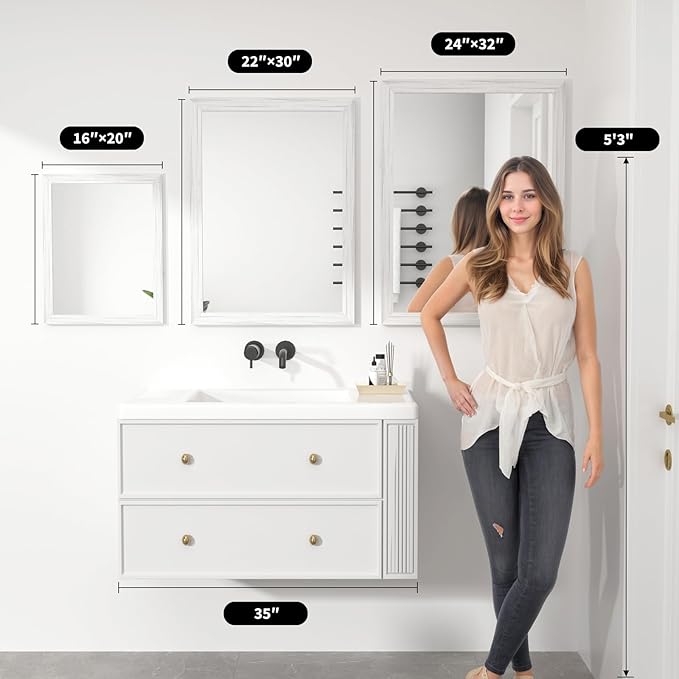 White Wood Effect Framed Wall Mirror, 22x30 Rectangle Mirror, 1/8" Anti-desilvering Tempered Glass, Sustainable& Sturdy Frame, Anti-Rust, HD Reflection &3min Fast Setup for Bathroom Living Room