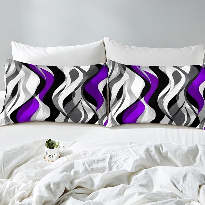 Purple Black Stripes Duvet Cover Set Queen Size,Minimalist Geometric Striped Waves Bedding Set,Boys Girls Room Decor,Modern Abstract Simple Comforter Cover,Chic Quilt Cover,2 Pillowcases(No Filler)