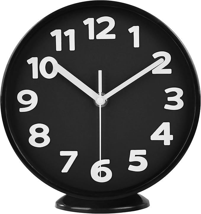 JENLYSTIME 8 Inch Black Modern Wall Clock – Silent Non-Ticking, Bold 3D Numbers, Precise Quartz Movement | Decorative Desk & Wall Clock with Stand for Home, Kitchen, Bedroom, or Office