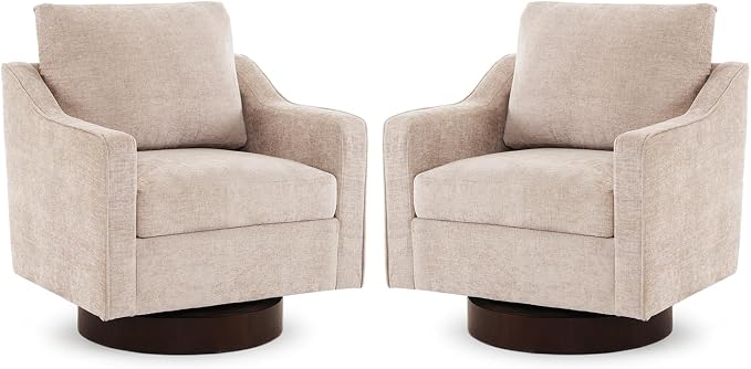 VINGLI Mid-Century Modern Swivel Accent Chairs Set of 2, 360°Upholstered Armchairs, Home Sofa with Track Arms for Living Room, Bedroom, Reading Room, Club Swivel Chairs, Chenille Khaki