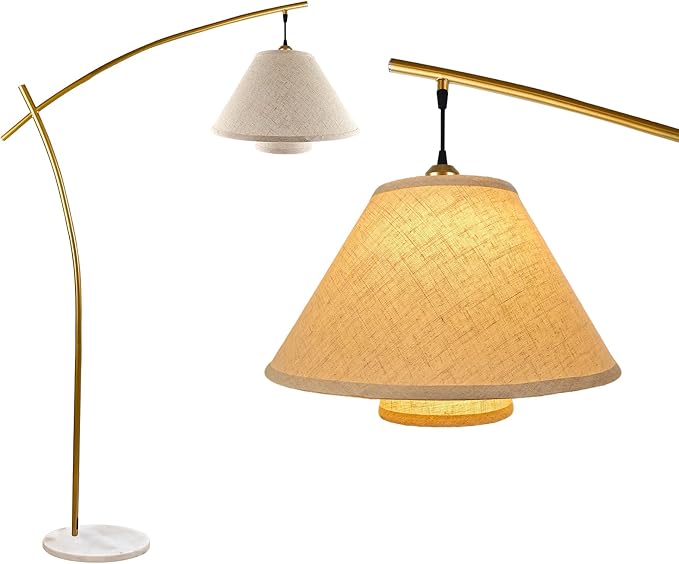 Lightdot Arc Floor Lamp for Living Room, Modern Standing Tall Lamps with Double Linen Lampshade, Tall Hanging Pole Lamp with Bulb Included for Bedroom Sofa Beside/Corner Decor - Gold