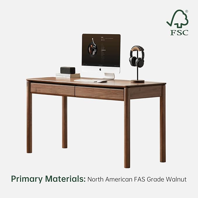 Black Walnut Desk, Mid-Century Modern Solid Wood Computer Writing Desk, Home Office Desk for Study Room Office Bedroom