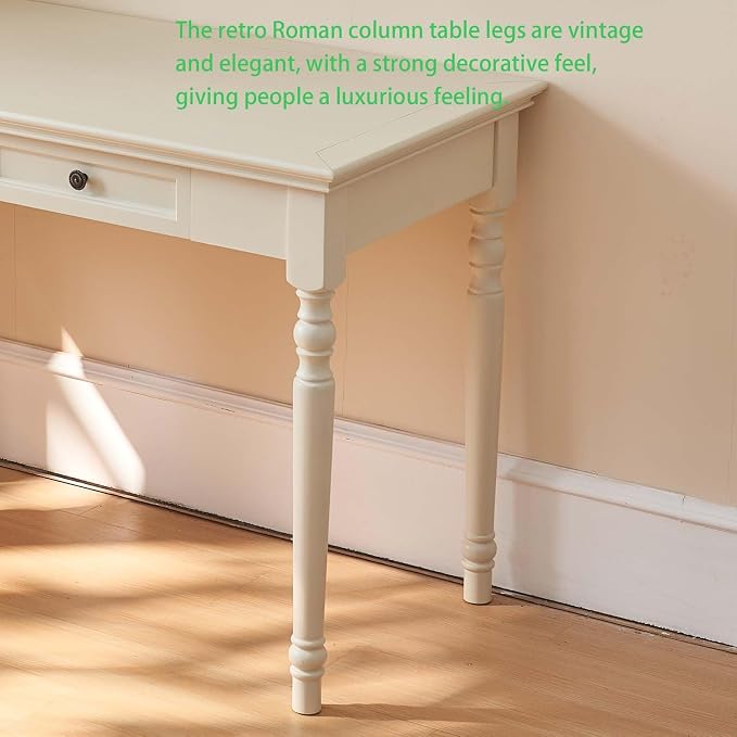 White Writing Desks with Drawers, 35" Solid Wood French Country Style Computer Desk for Home Office, Living Room Study or Workspace