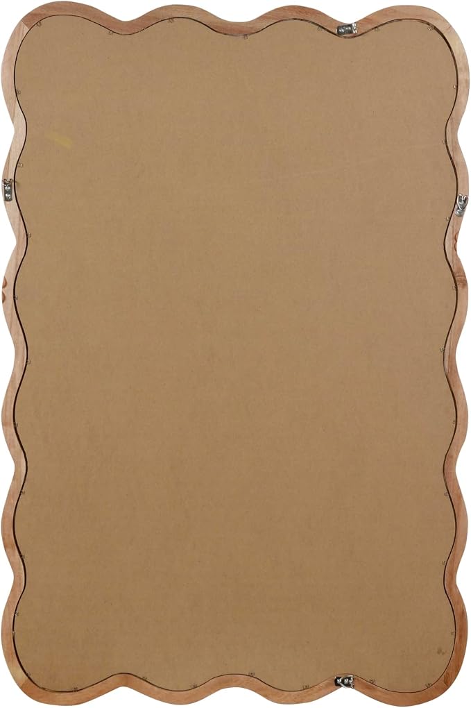 30x20 Inch Wooden Wavy Rectangle Wall Mirror, Modern Solid Wood Frame Decorative Accent Mirror for Bedroom, Bathroom, Living Room, Entryway, Natural Wood Color