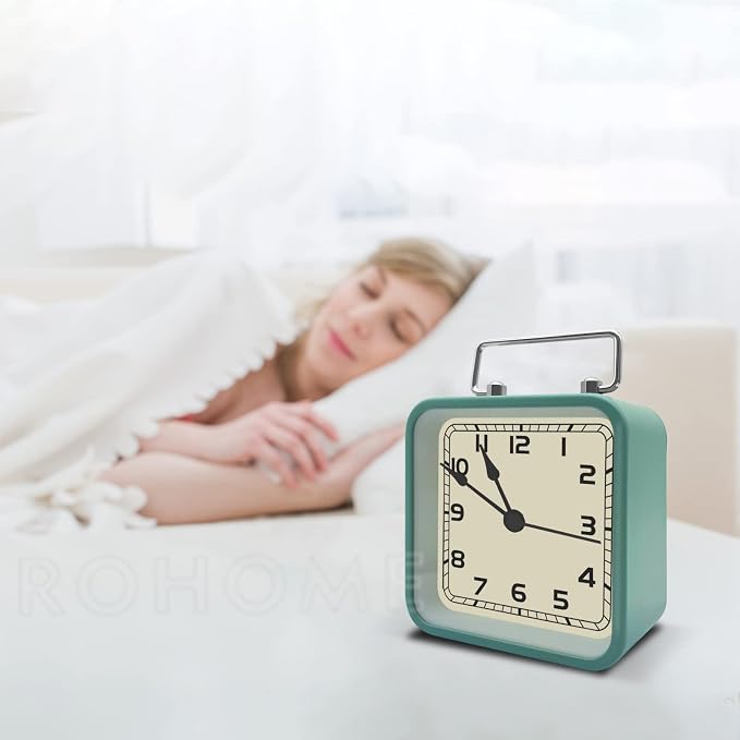Rohome Small Alarm Clock, Retro Silent Quartz Movement with Night Light, Decorative Vintage Non Ticking Clock for Living Room, Office, Desk, Bedroom, Bedside, Hotel, Shelf, Nightstand (Light Blue)