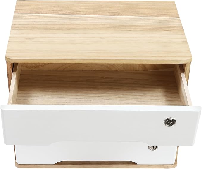Wooden Desk Organizer with Drawers & Lock Desktop Storage Cabinet Tabletop Organizing Unit for Home Office Supplies File Stationery Jewelry (Light Brown, 3 Tiers)