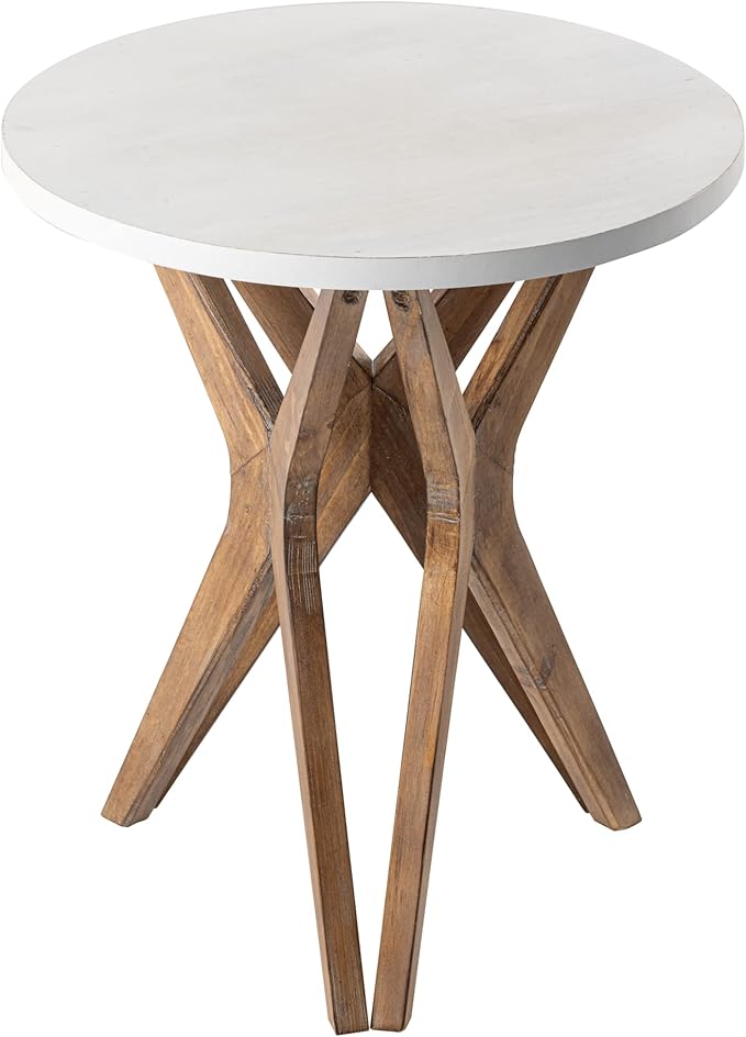 LONYKE Pedestal Farmhouse End Table Set of 2, Distressed Top with Tripod Base Bedside Table for Living Room, Modern, Boho Decor, Round (2-Pack, White & Walnut)