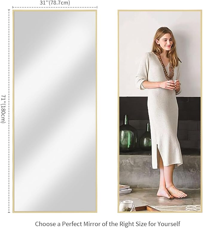 Koonmi 71"x30" Floor Mirror Full Length, Bedroom Floor Body Mirror with Stand, Large Gold Mirror, Leaning, Standing or Hanging Horizontally/Vertically