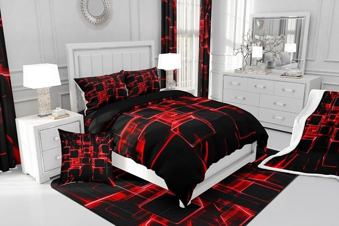 Erosebridal Fire Red and Black Kids Comforter Set Twin, Modern Geometric Square Bedding for Boys Girls Gradient Neon Light Honeycomb Duvet Set Soft Microfiber Quilt with 1 Pillowcase