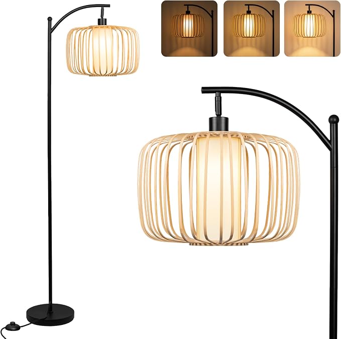 LALISU Floor Lamp for Living Room, Dimmable Standing Lamp Tall with Linen Shade Modern Floor Lamps Pull Chain Switch Reading Lamp for Living Room Bedroom Office Dining Room, 9W Bulb Included (Brown)
