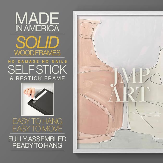 Renditions Gallery Set of 2 Peel & Stick Framed Prints, Neutral Abstract Wall Art, Soft Tones Delicate Linework Wall Decor, Re-Stickable - Ready to Hang - 22"x28" - White Frame LT588
