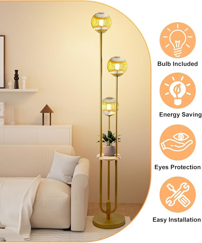 Lightdot Glass Floor Lamp with Shelf 63IN Dimmable Mid Century Modern Gold Standing Lamps 3000K Bulbs Included Globe Floor Lamp with 5Lbs Heavy Base for Living Room/Wedding/Sofa Beside/Corner Decor