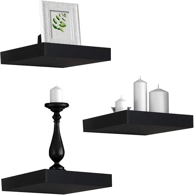 Sorbus 9X9 Inch Floating Shelves for Wall – Square Floating Shelf with Invisible Mounting Bracket for Kitchen, Bedroom, Living Room & Bathroom Decor – Rustic Showcase Wall Shelf (Black, 3 Pack)