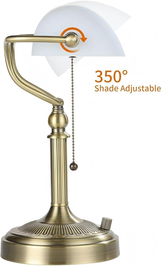 White Matted Glass Bankers Desk Lamp, Stepless Dimmable Table Lamp Plug in Fixture for Study, Home Office,Library, LED Bulb Included