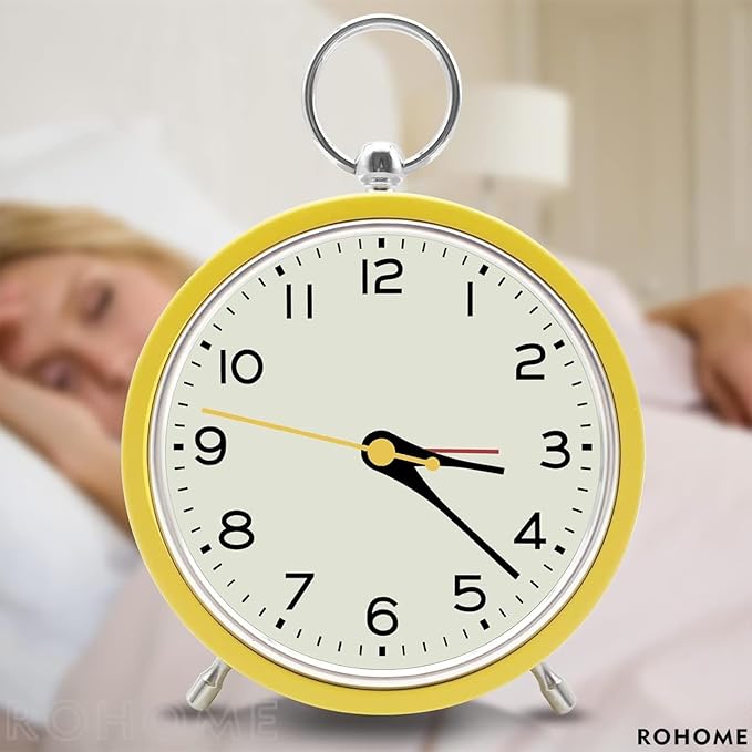 Rohome Small Alarm Clock with Night Light, Silent Quartz Movement, Non-Ticking, Decorative, Wall Hanging, for Bedside Table, Desk, Kitchen, Bedroom, Shelf, Nightstand, Office (Yellow)