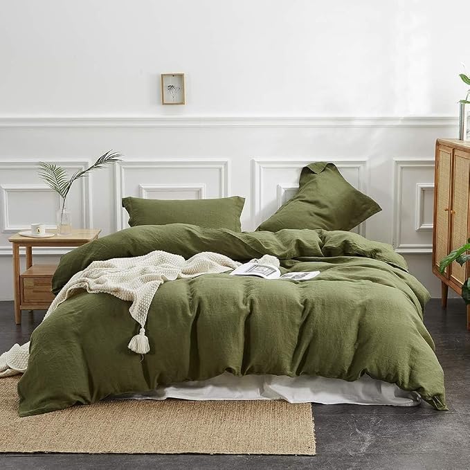 Simple&Opulence 100% Linen Duvet Cover Set, 3 PCS Natural French Flax Olive Green Duvet Cover Full Size, Breathable Soft Comfy Linen Bedding Comforter Cover with 2 Pillowcases(Olive Green, 78"x86")