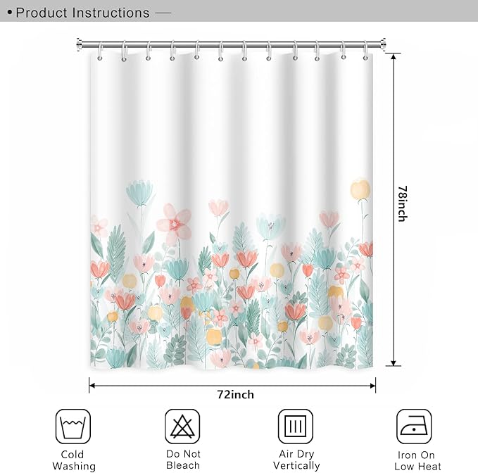 Nature Flower Shower Curtain for Bathroom Blue and Pink Floral Wild Grass Botanical Shower Curtain Modern Aesthetics Washable Polyester Durable Fabric Shower Curtain with Hooks, 72x78 Inch