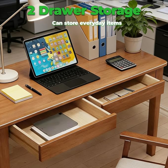 100% Solid Wood Desk, Rubberwood Office Desk with Drawers, Mid Century Modern Desk Table, Narrow Desk for Bedroom, Living Room & Office, Walnut Color,55.1 inch
