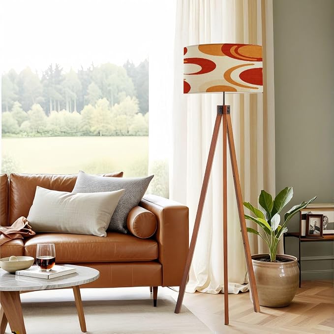Wood Tripod Floor Lamp Wavy Swirl Psychedelic Groovy 70s 1970s Style Mid Century Orange Retro Mid Century Standing Lamp Linen Shade Dimmable Modern Tall lamp Home Decor for Living Room Bedroom Office