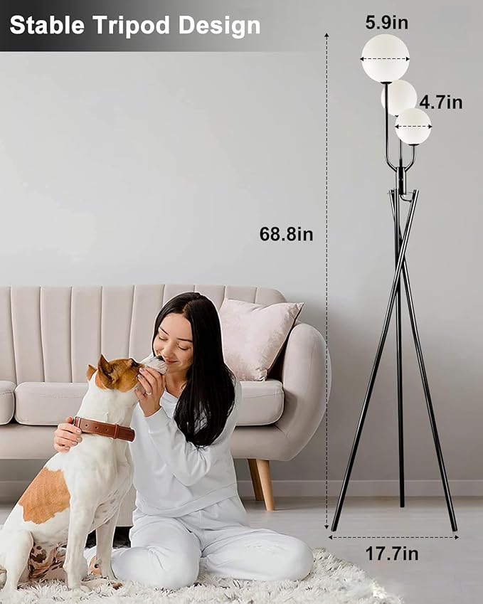 Lightdot Black Tripod Floor Lamp 3 Pole Vintage Standing Lamps with Stable Base& 3Pcs Globe 3000K Warmwhite Bulbs Included Mid Century Modern Floor Lamp for Living Room/Sofa Beside/Corner Decor