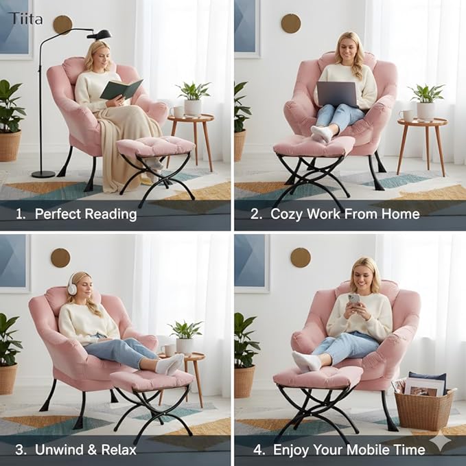 Tiita Lazy Chair with Ottoman, Pink Modern Large Accent Chair, Comfy Leisure Sofa Armchair with Ottoman, Reading Chair with Footrest for Bedroom, Living Room, Dorm Rooms, Velvet Pink