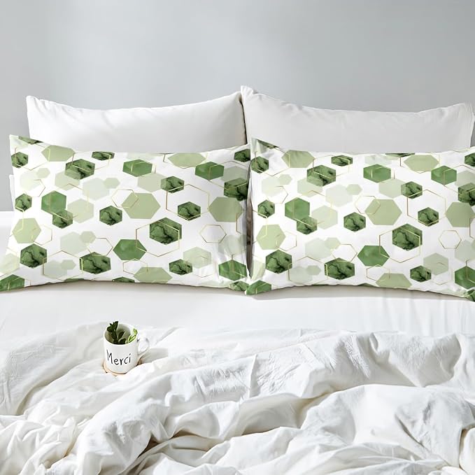 Erosebridal Sage Green Modern Duvet Cover King - Marble Grain Geometric Bedding Sets, Fresh Abstract Geometric Art Decor Bed Set for Boys Girls Watercolor Hexagon Bed Cover with 2 Pillowcases