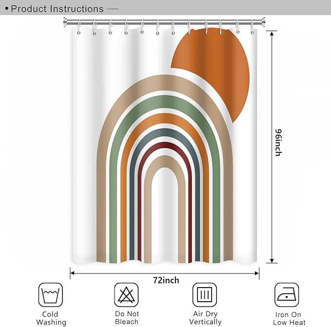Mid Century Bohemian Bathroom Shower Curtain Colorful Stripes Arch Orange Sun Boho Shower Curtain with Hooks Waterproof Fabric Polyester Shower Curtain Aesthetics Home Decor, 72x96 Inch
