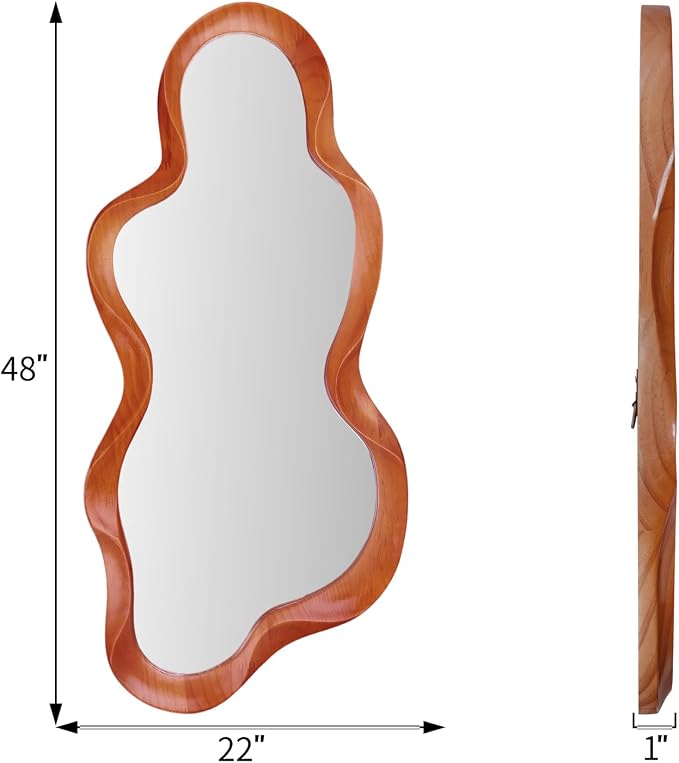48"x 22" Irregular Wall Mirror, Walnut Wood Framed Wall Mirror, Asymmetrical Wall Wavy Mirror for Living Room Bedroom Entryway Bathroom Modern Decorative Mirror with Hanging Hooks