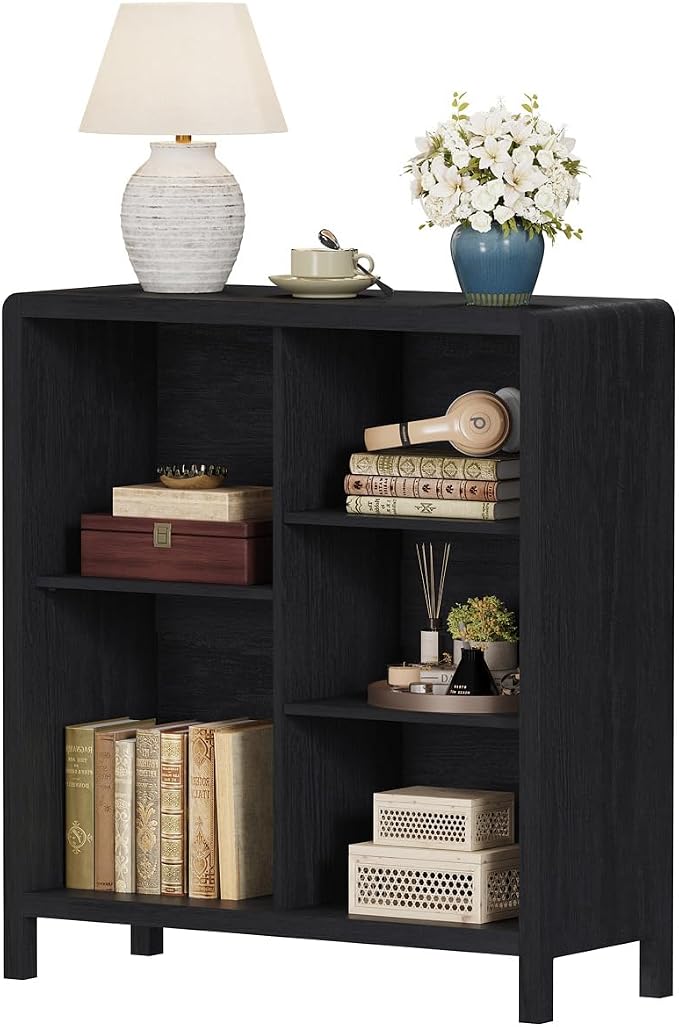 FATORRI 5 Cube Bookshelf, Wood Bookcase with 3 Adjustable Shelves, Farmhouse Cube Storage Organizer Shelf for Small Space Bedroom Living Room (Black)