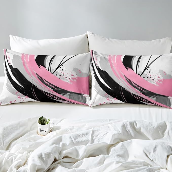 Erosebridal Black and Pink Duvet Cover Queen - Geometric Decorative Abstract Bedding Striped Bed Set for Girls Boys Adults Watercolor Minimalists Graffiti Aesthetic Lines Bed Cover