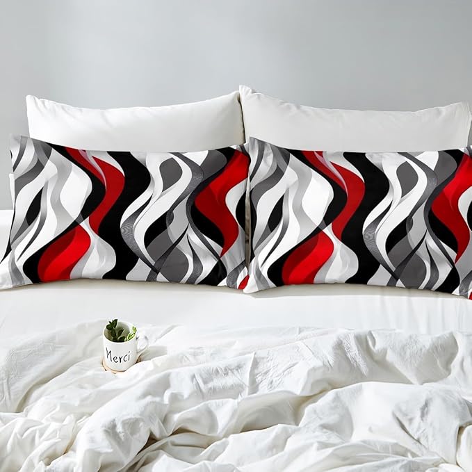 Red Black Stripes Duvet Cover Set Queen Size,Abstract Geometric Wave Striped Bedding Set,Boys Girls Room Decor,Contemporary Minimalist Comforter Cover,Simple Quilt Cover,2 Pillowcases(No Filler)