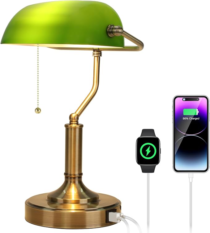 LINNMON Bankers Lamp, Green Desk Lamp with Pull Chain Switch, Retro Lamp with USB and Type C Charging Ports, Vintage Lamp for Home Office, Piano, Library (Retro)