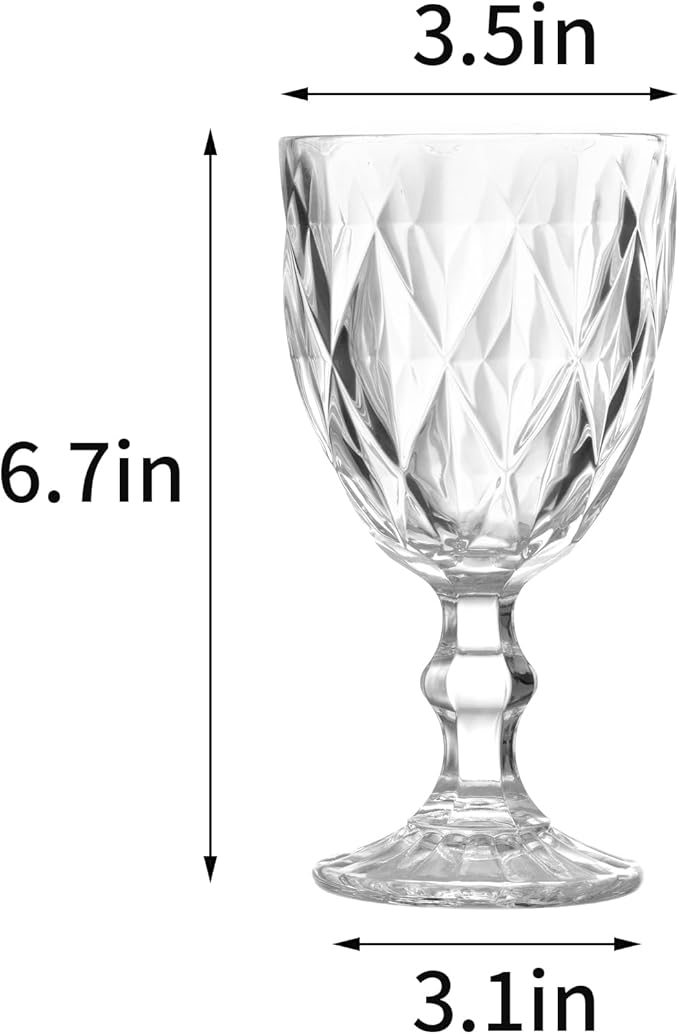12 Pack Vintage Wine Glasses, Plastic Reusable 12 Ounce Colored Water Goblets, Unique Embossed Pattern Unbreakable Stemmed Wine Glasses High Clear Wedding Party Bar Drinking Cups Clear