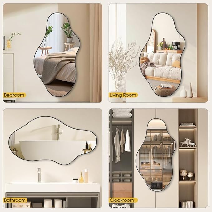 Irregular Wall Mirror 20×36 Inch Wall Mirrors Decorative Black Modern Asymmetrical Abstract Mirror for Bathroom Bedroom Living Room Entryway Hallway