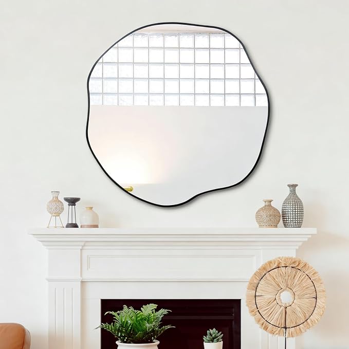 POZINO Scalloped Irregular Mirror, 30" Asymmetrical Decorative Accent Mirror for Wall, Black Wavy Rounded Frameless Mirrors for Entryway Fireplace Living Room Bedroom, Horizontal or Vertical Hanging