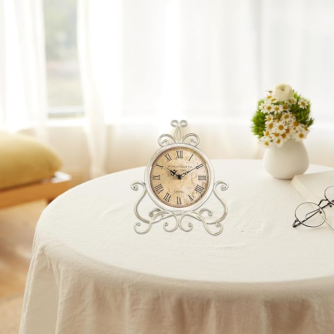 HZDHCLH Vintage Table Clocks for Living Room Bedroom Decor, Silent Decorative Farmhouse Shelf Clock Battery Operated, Small Rustic Mantel Clock with Roman Numerals (White)