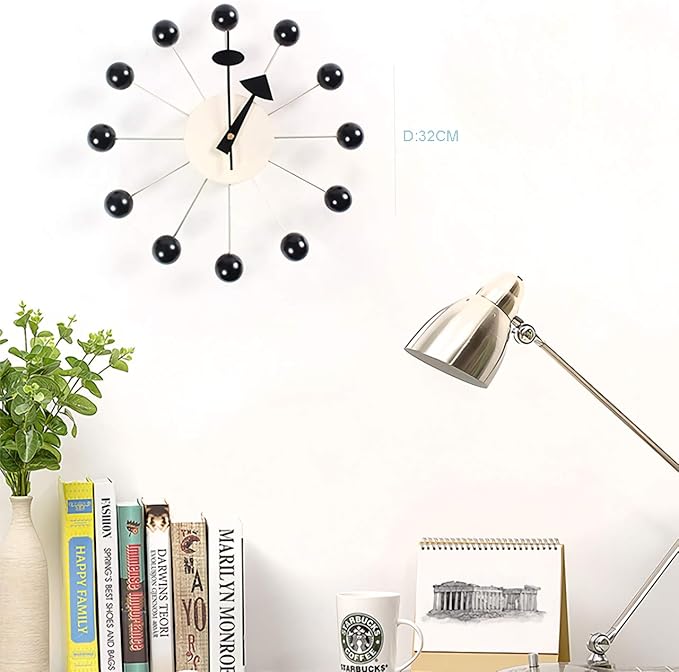 SHISEDECO Mid Century Retro Design Painted Solid Wood Non Ticking Decorative Modern Silent Wall Clocks for Home, Kitchen, Living Room, Office etc. (Ball Clock in Black)