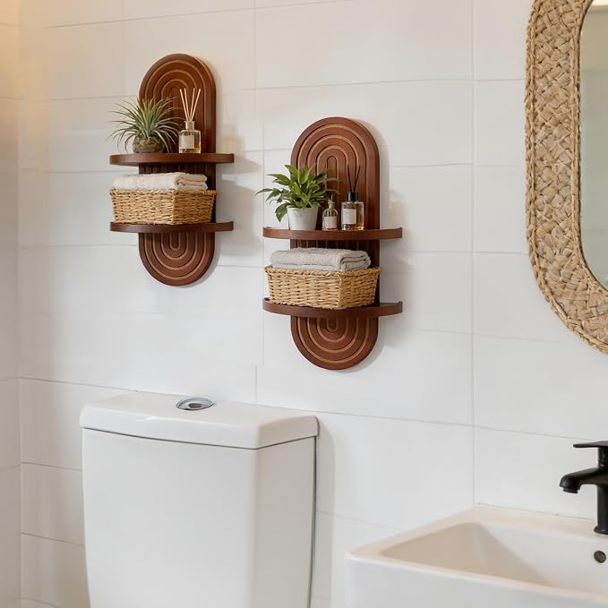 Mid Century Wall Shelves with Ledge: 22inch Large 2-Tier Walnut Boho Floating Shelves Arched Modern Wall Decor for Bathroom Bedroom Living Room Entryway