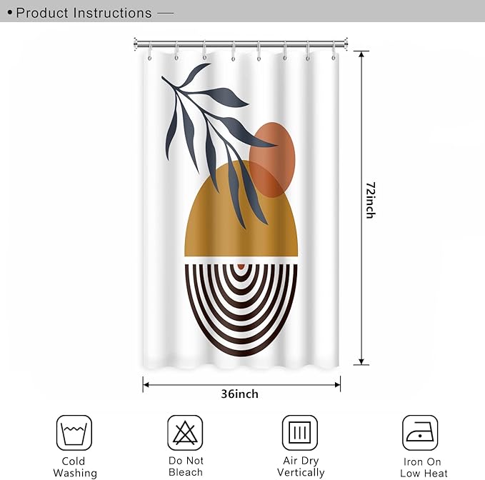 Mid Century Bohemian Bathroom Shower Curtain Abstract Circle Eucalyptus Leaves Sun Boho Shower Curtain with Hooks Waterproof Fabric Polyester Shower Curtain Aesthetics Home Decor, 36x72 Inch
