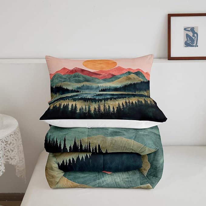 Erosebridal Sunset Mountain Forest Bedding Set Queen Nature Woodland Landscape Comforter Set for Kids Boys Aesthetic Pine Tree Scenery Down Comforter Boho Retro Foggy Plants Bed Set Bedroom Decor