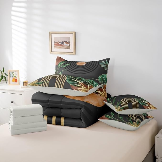 Erosebridal Mid Century Bed in A Bag 7 Pcs Brown Black Boho Geometric Comforter Set for Kids Teens Tropical Modern Palm Leaf Bedding Sets Queen Abstract Bohemian Aesthetic Sheet Set with Comforter